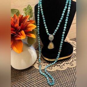 925 stamp polished stone pendant necklace w/black rhinestones & agate blue beads